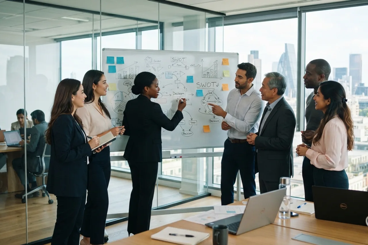 People reviewing ideas together in an illustrative business workshop