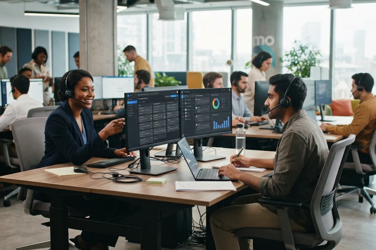 A customer operations team working with headsets and computers in an illustrative office