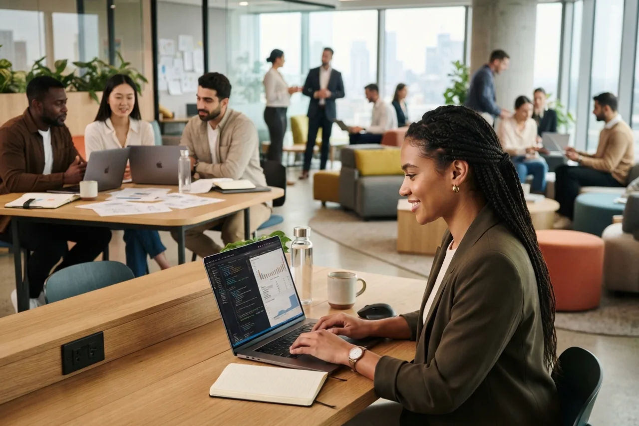 A professional at a desk in an illustrative distributed workplace