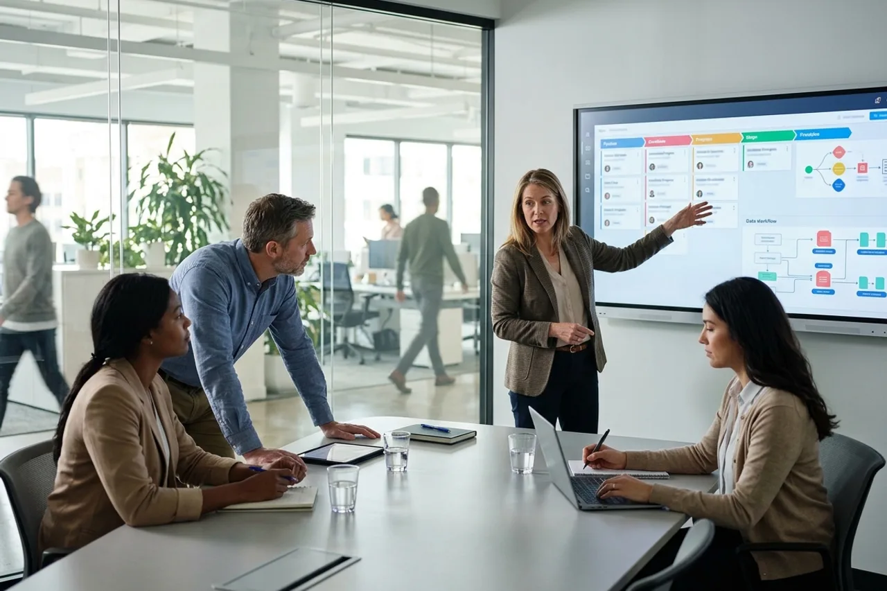 People discussing a recruitment plan in an illustrative workplace
