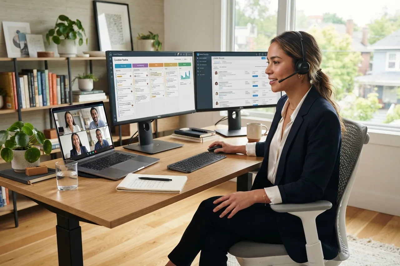 A remote professional working at a desk in an illustrative workspace
